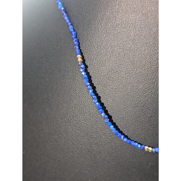 925 Sterling Vermeil 2mm Lapis Lazuli Gemstone Crystal & Goldtone Bead Necklace - Picture 4 of 6